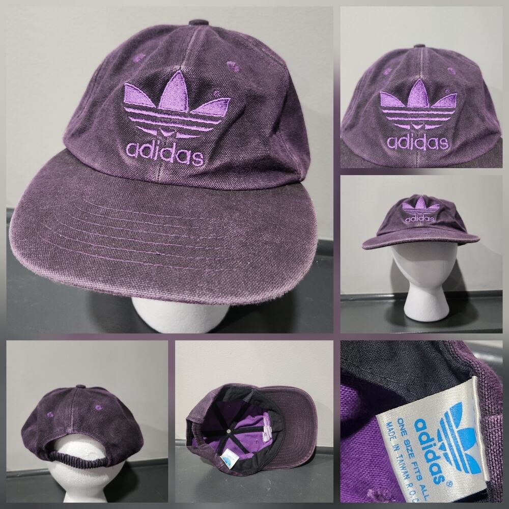 VTG 80s Adidas Trefoil‎ Purple Canvas Spellout 1980s Hat Cap OSFA One Size